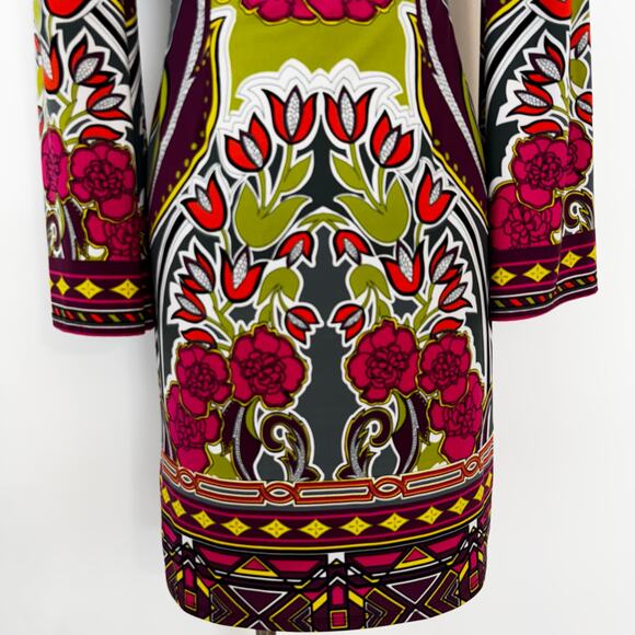 Hale Bob Lotus Stretch Jersey Shift Mini Dress Long Bell Sleeves Retro Floral XS - Picture 10 of 12